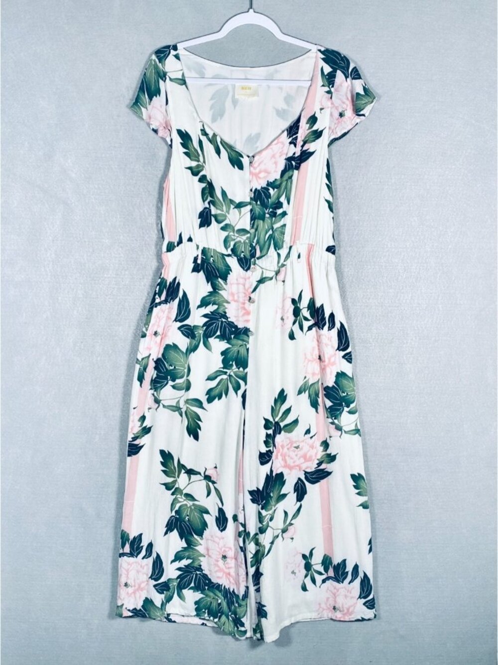 Maeve Anthropologie Jumpsuit Womens M White Green Button Up Wide Leg Costal